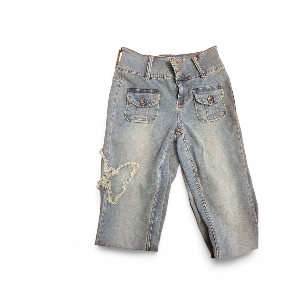 Hot Topic Light Blue Boyfriend Cargo Jeans with Heart Patch Y2k - Picture 2 of 5